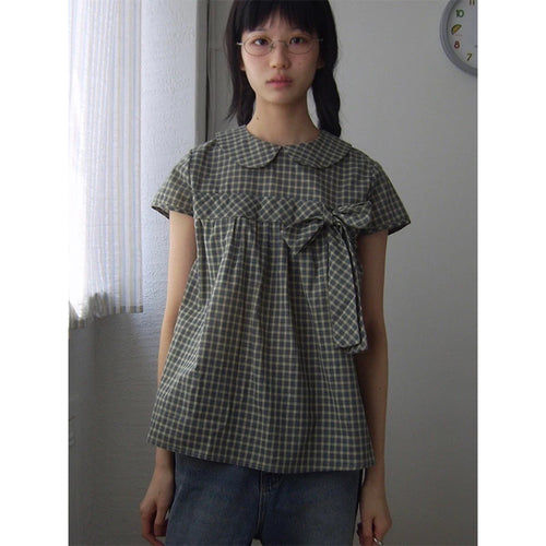 Vintage Plaid Shirts Women Japanese Harajuku Bow Peter Pan Collar