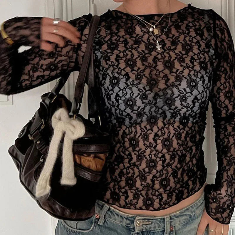 Long Sleeves See Through Lace Crop Top Solid Sexy Bodycon T-Shirt For