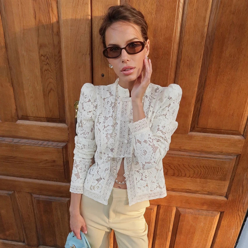 Linad Elegant Embroidery Puff Sleeve White Shirts Summer Sexy Hollow