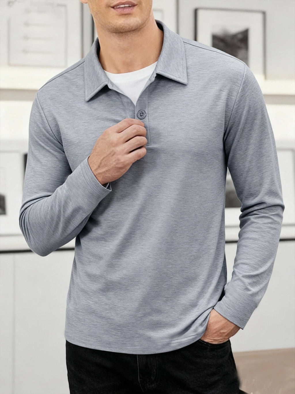 Men's Business Casual Long Sleeve Polo T-shirt Spring Summer Solid