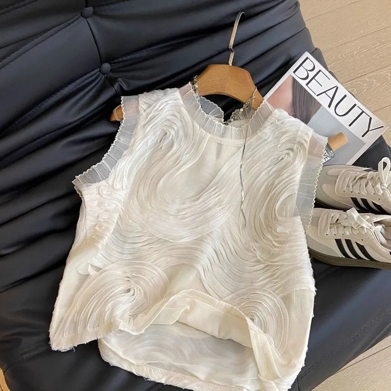 2025 Summer French Style Elegant Ruffled Sleeveless Chiffon Blouse