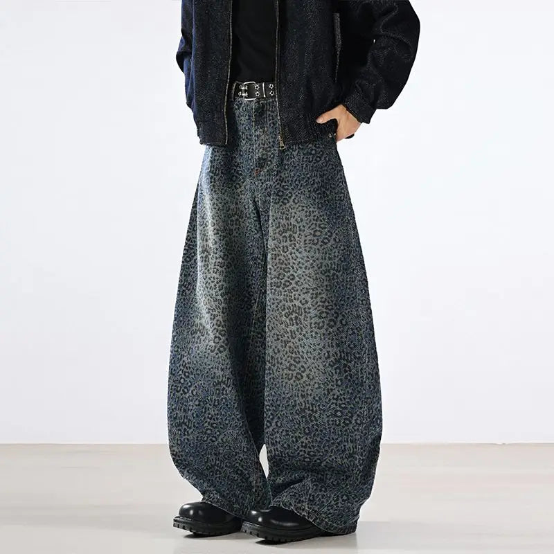 Fashion Men's Gradient Leopard Print Drape Jeans Autumn Loose Straight
