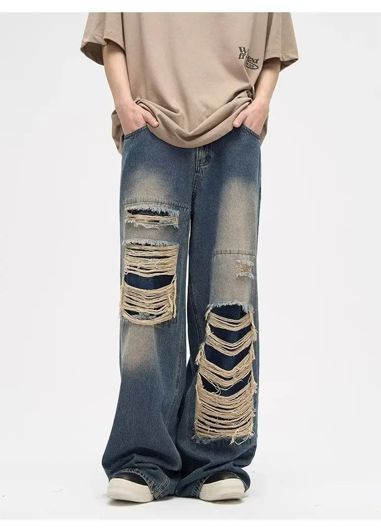 Y2K Man Jeans Korean retro hole repair jeans mens 2023 new American