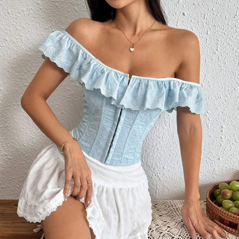 White Lace Ruffle Corset Short Vest for Women Elegant Backless Off
