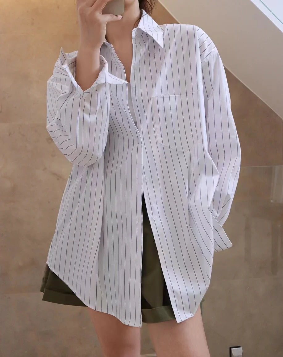 Spring/Summer Women's Striped Polo Neck Long Sleeve Pocket Decoration