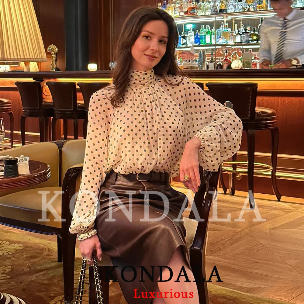 KONDALA Casual Chic Polka Dot Shirts Women Bow Tie Long Sleeve White