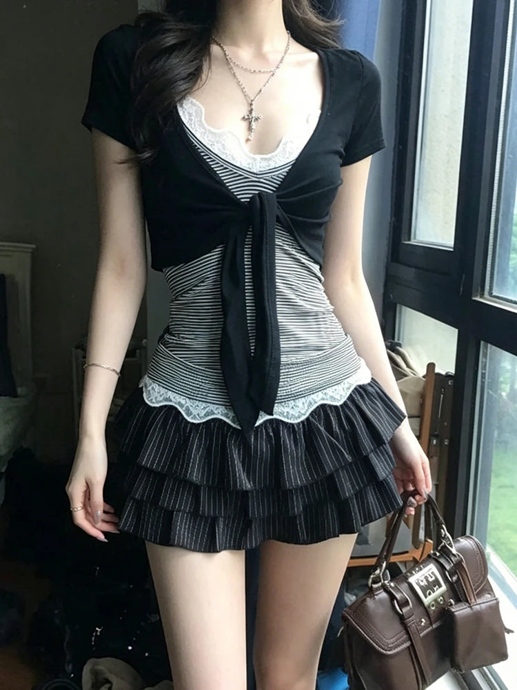 Genayooa Japanese Y2k Two Pieces Tops Women Short Sleeve Slim Lace Up