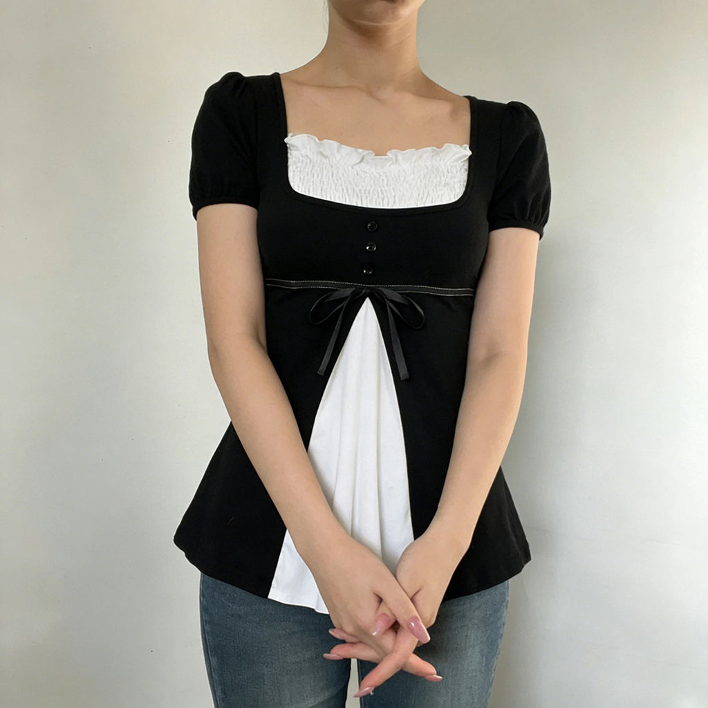 [RUOKE] Casual Y2K Contrast Color Top Women Spring Summer Square Neck