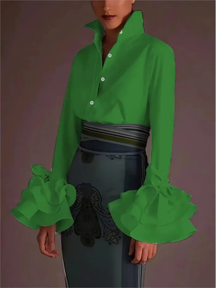 Women Elegant Flared Sleeves Falbala Blouses Tops Spring Autumn New