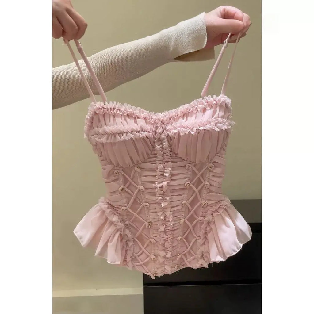 Elegant Sweet Korean Pink Spaghetti Strap Ruched Lace Up Ruffle Trim