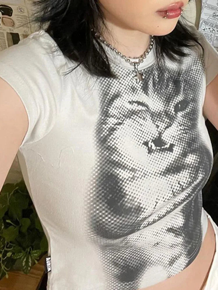 Harajuku Animal Print Crop Top Basic White Short Sleeve Crewneck