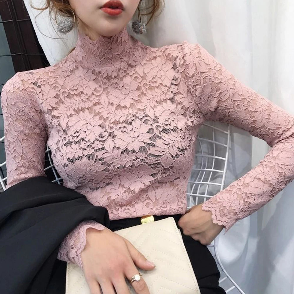 Stretch Floral Lace Petal Sleeve Shirt Women's Long Sleeved S-3XL T