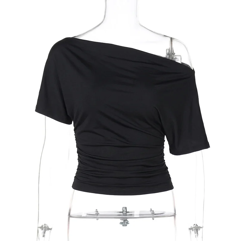 Solid One Shoulder T-shirt Women Tops 2026 Summer Short Sleeve Crop
