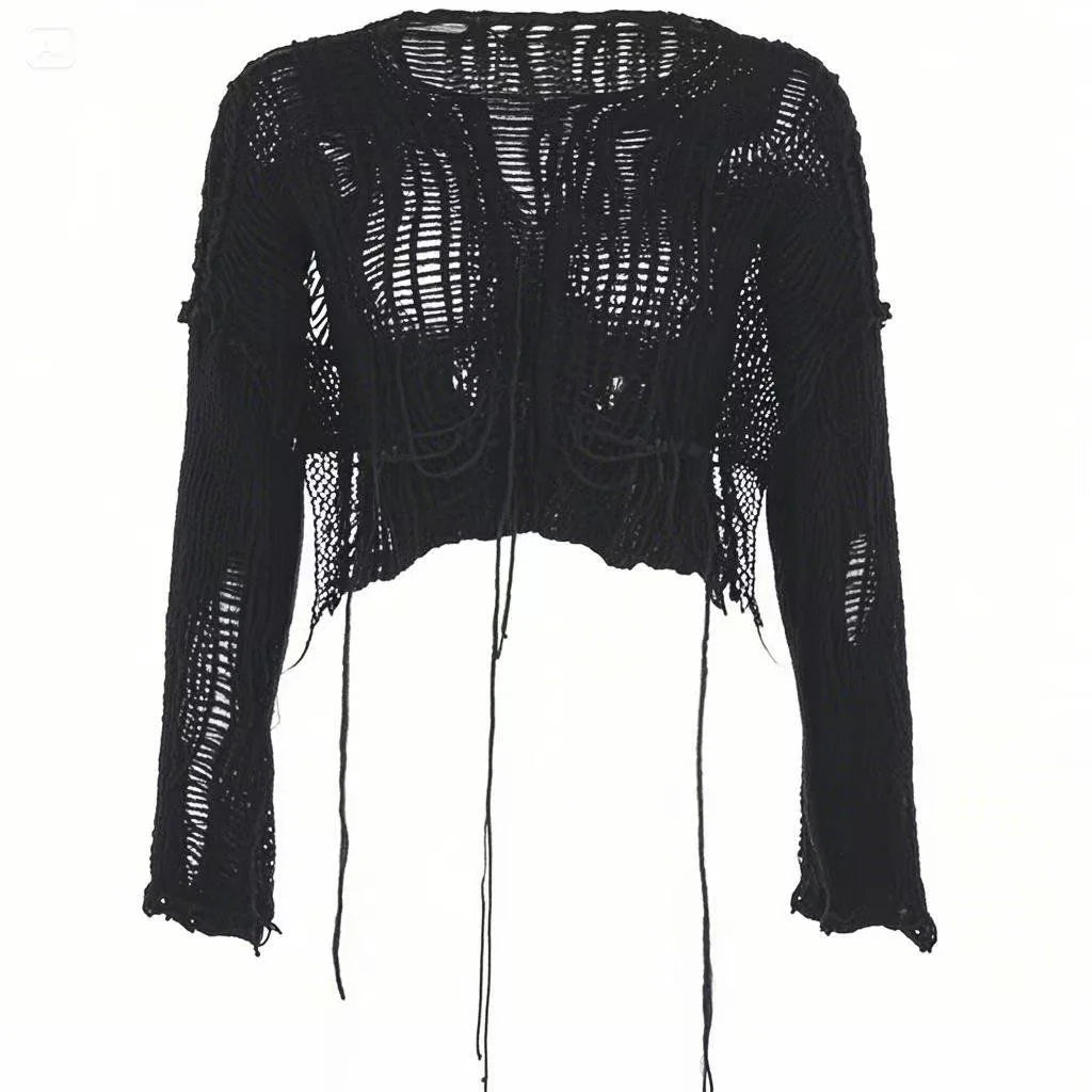 Solid Slash Neck Grunge Knitted Women's Sweater Hole Ripped Pullover