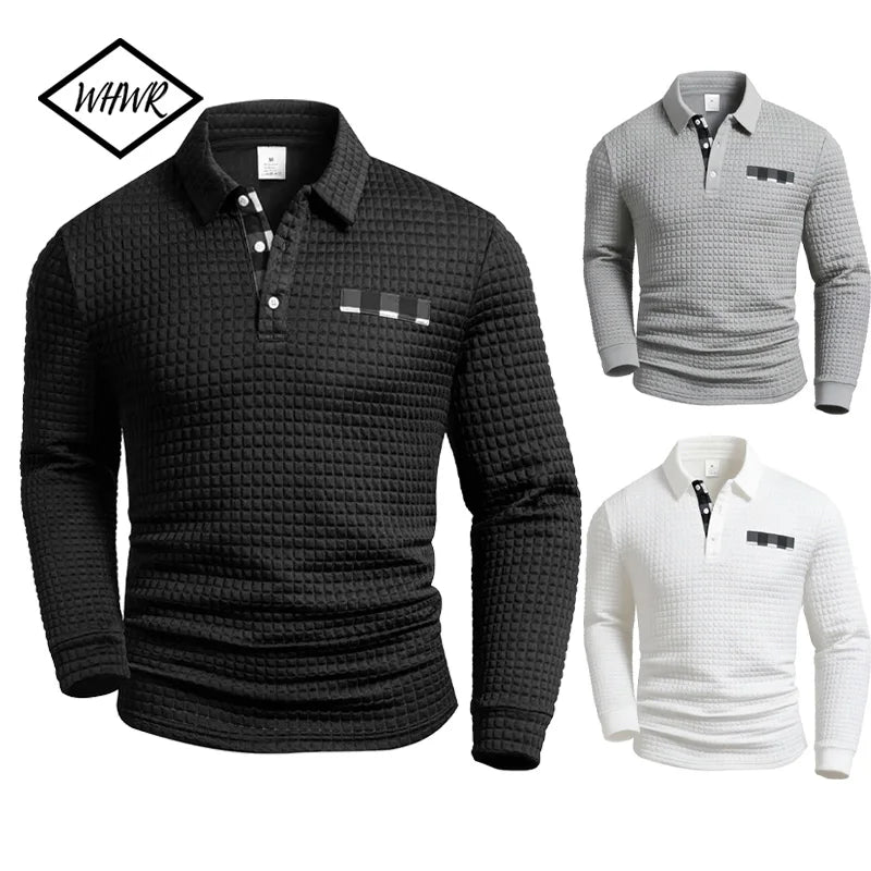 Men's Polo Shirts Square Plaid Texture Fabric Solid Color Mens Long