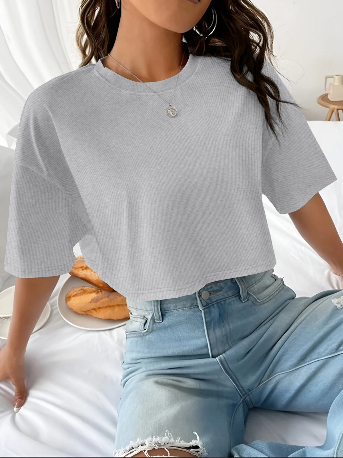 Women's Boxy Fit Ribbed Crop Top Crew Neck Short Sleeve Tee Y2K