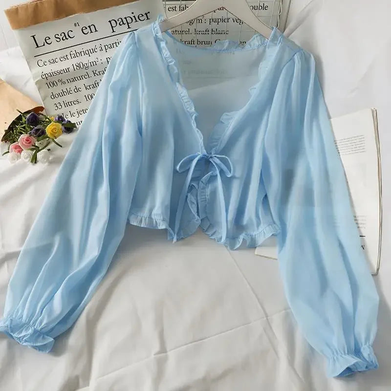 Women Summer Sun Protection Coat Lace Bow Ruffle Cardigan Shirt Female