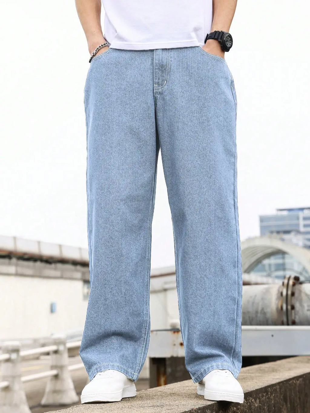 Men's Light Blue Washed Wide-Leg Jeans, Loose Straight Fit, Trendy