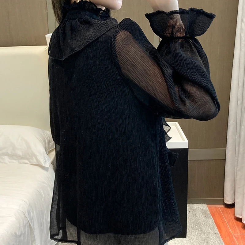 NEW High Quality Vintage Ruffles Clothes Lace Blouse Women Spring