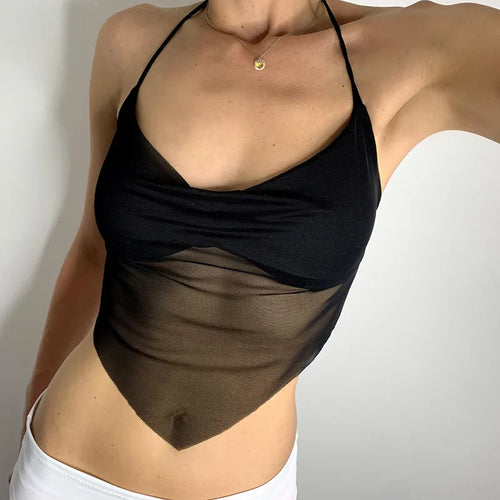 Sexy Transparent y2k Mesh Halter Tops Women V-neck Backless Korean