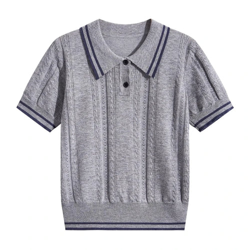 Short Sleeve Knit Polo Sweater Pointelle Cable Knit Crop Tops Shirts