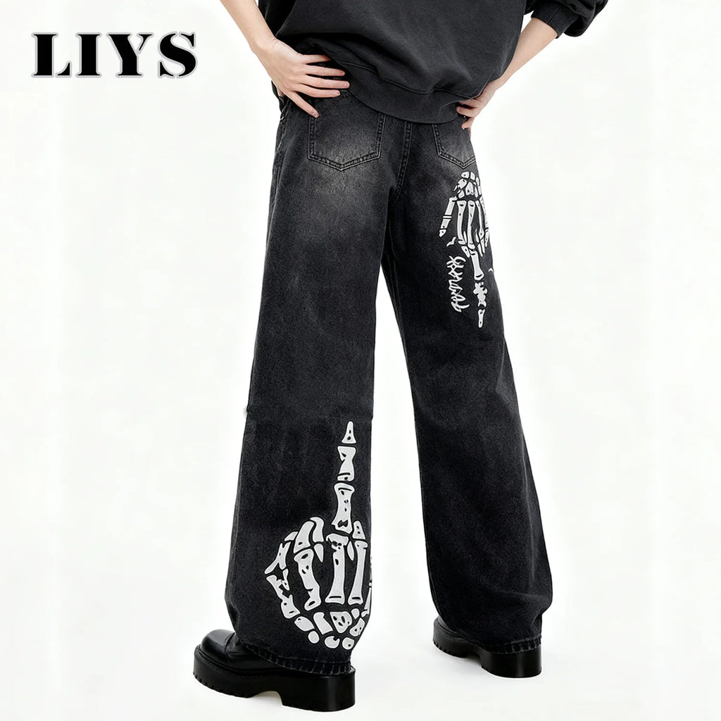 Men's Black Skull Finger Print Baggy Wide Leg Jeans Spring Summer