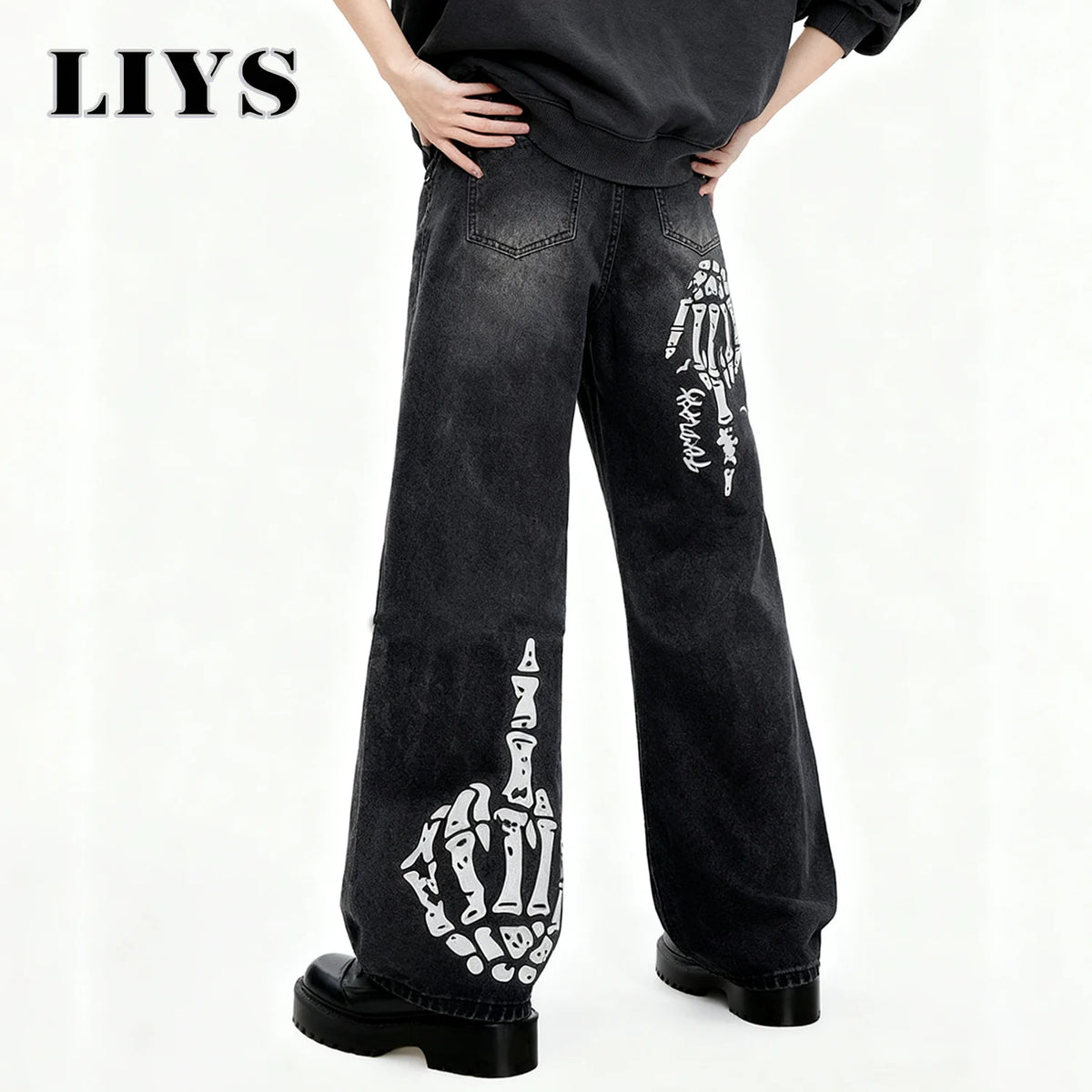Men's Black Skull Finger Print Baggy Wide Leg Jeans Spring Summer