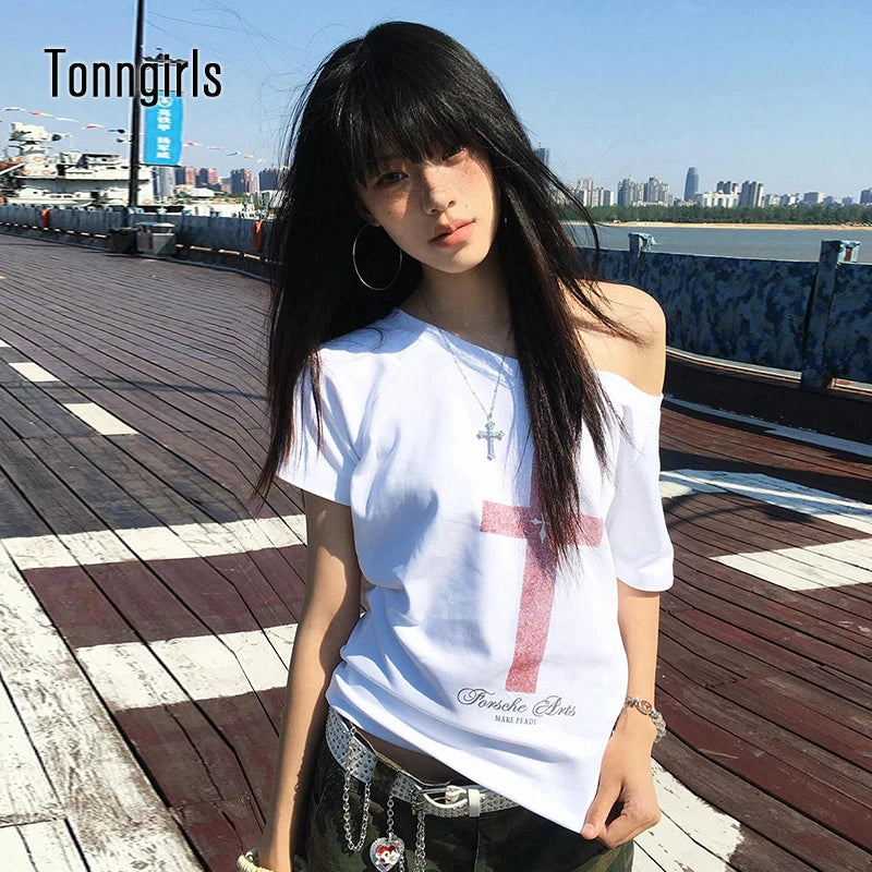 Tonngirls Gothic Print Graphic Tops Loose Off Shoulder Short Sleeve