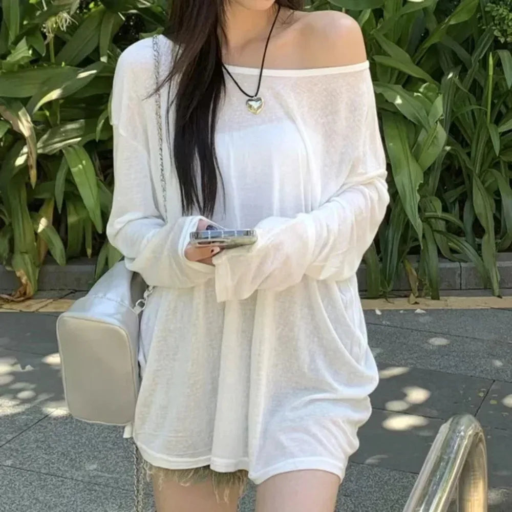 Summer T-shirt Women Beach Thin See Through Oversize Tees Korean Chic