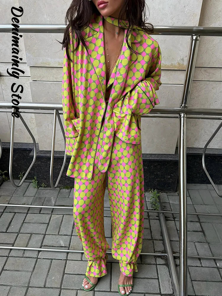 Vintage Women's Printed Blouses Pants Sets Loose Laple Long Sleeve