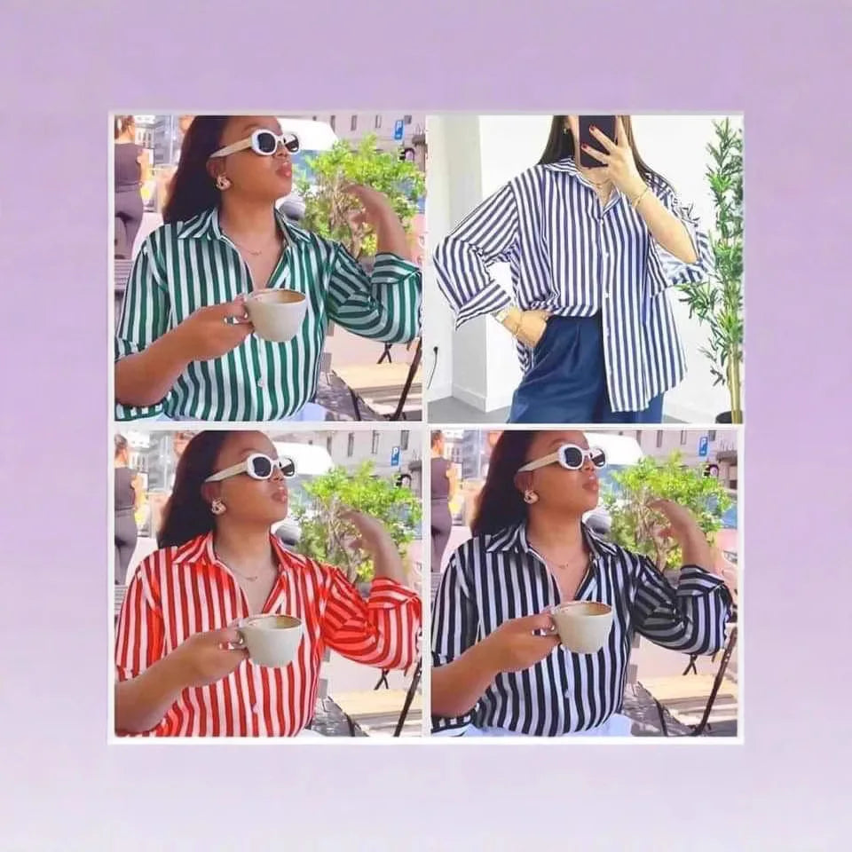 Striped Button Down Shirt Women's Loose Fit Turn Down Collar Casual