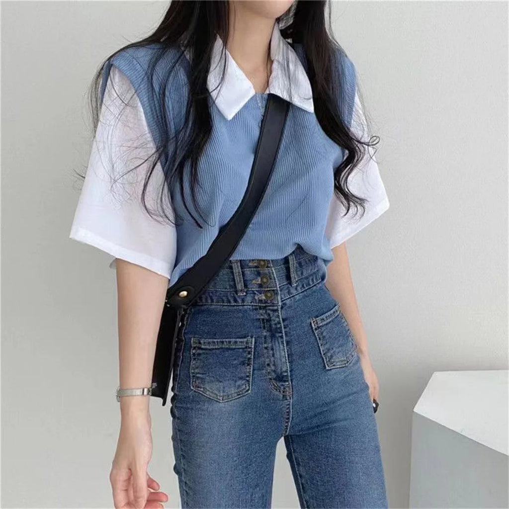 Summer Academy Style Color Blocking Polo Collar Top Fake Two-piece