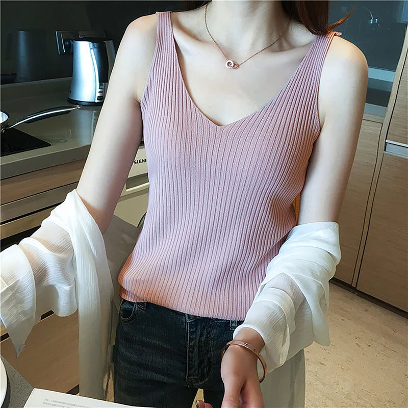 Summer Casual Tank Top Women Sleeveless Knitted T-Shirts Female