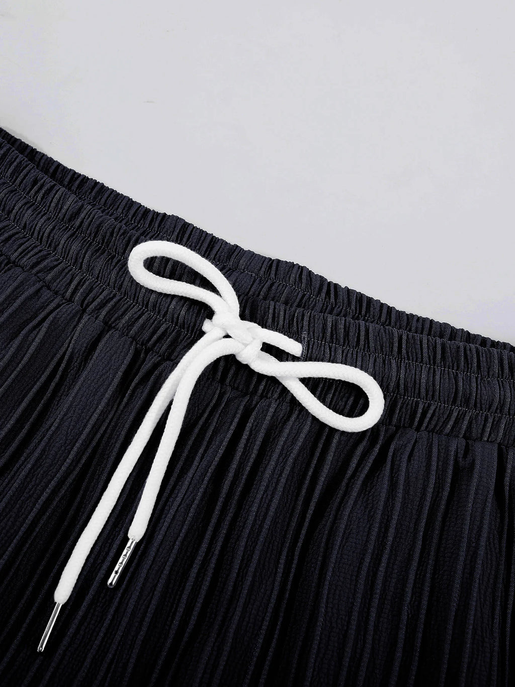 Men's Black Pleated Texture Cuban Collar Shirt + Drawstring Shorts Set