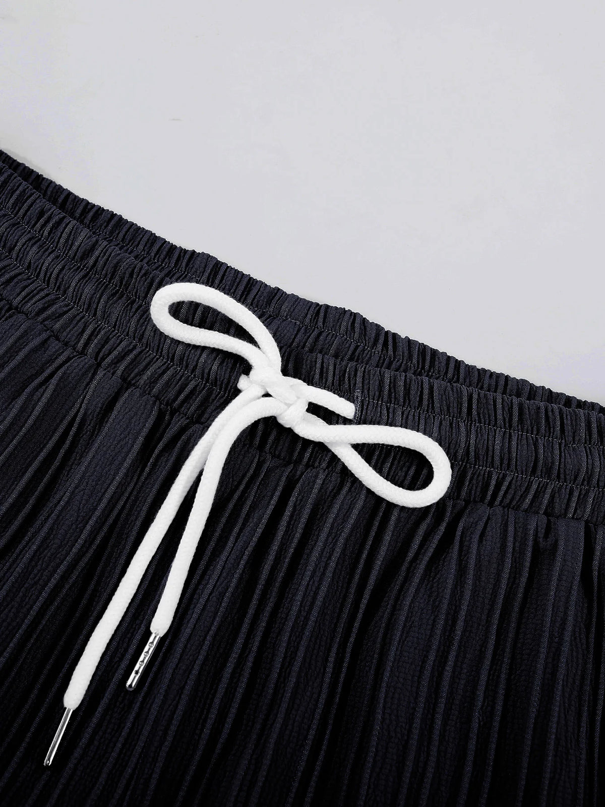 Men's Black Pleated Texture Cuban Collar Shirt + Drawstring Shorts Set