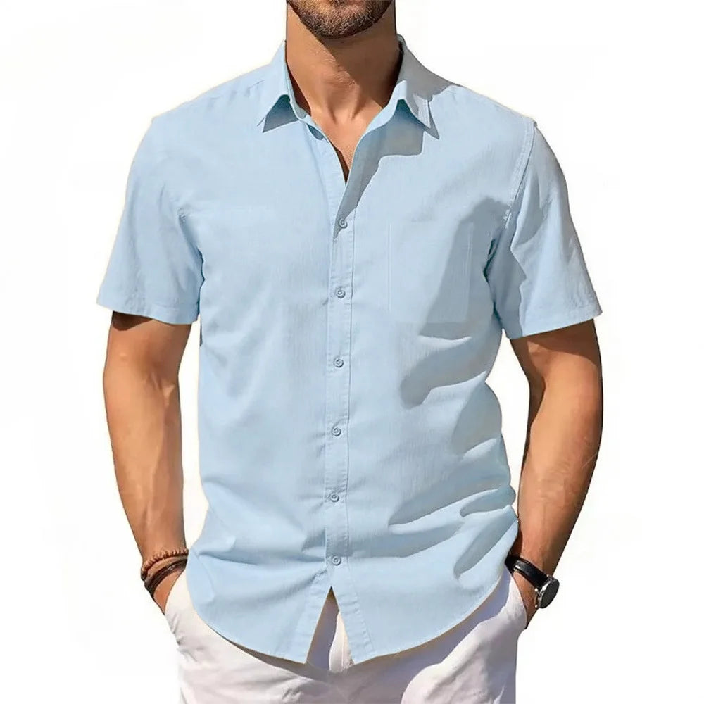 Men's Cotton Linen Shirt Summer Short Sleeve Button Up Hawaiian