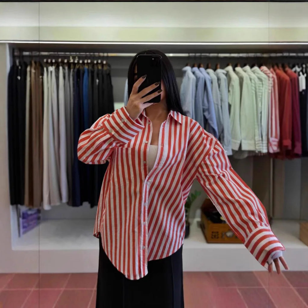 Striped Button Down Shirt Women's Loose Fit Turn Down Collar Casual