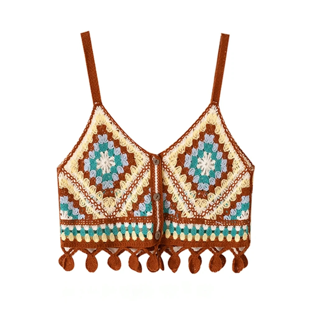 Granny Square Crochet Knit Vest Top Boho Fringed Strappy Crop Cami for