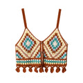 Granny Square Crochet Knit Vest Top Boho Fringed Strappy Crop Cami for