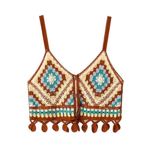 Granny Square Crochet Knit Vest Top Boho Fringed Strappy Crop Cami for
