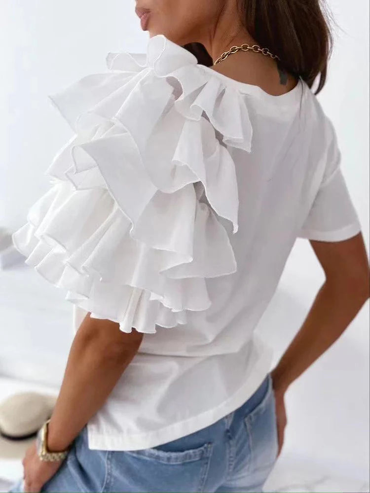 Women Summer Ruffles Short Sleeve Loose T Shirt Chic Elegant Solid O