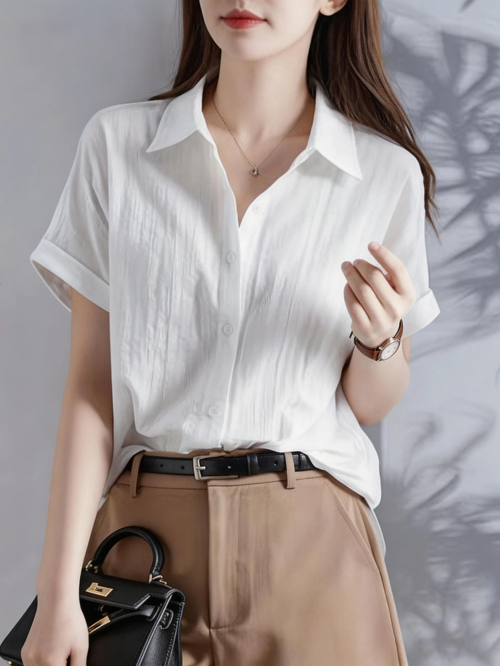 Women's Casual White Blouse, Short Sleeve V-Neck Shirt, Business