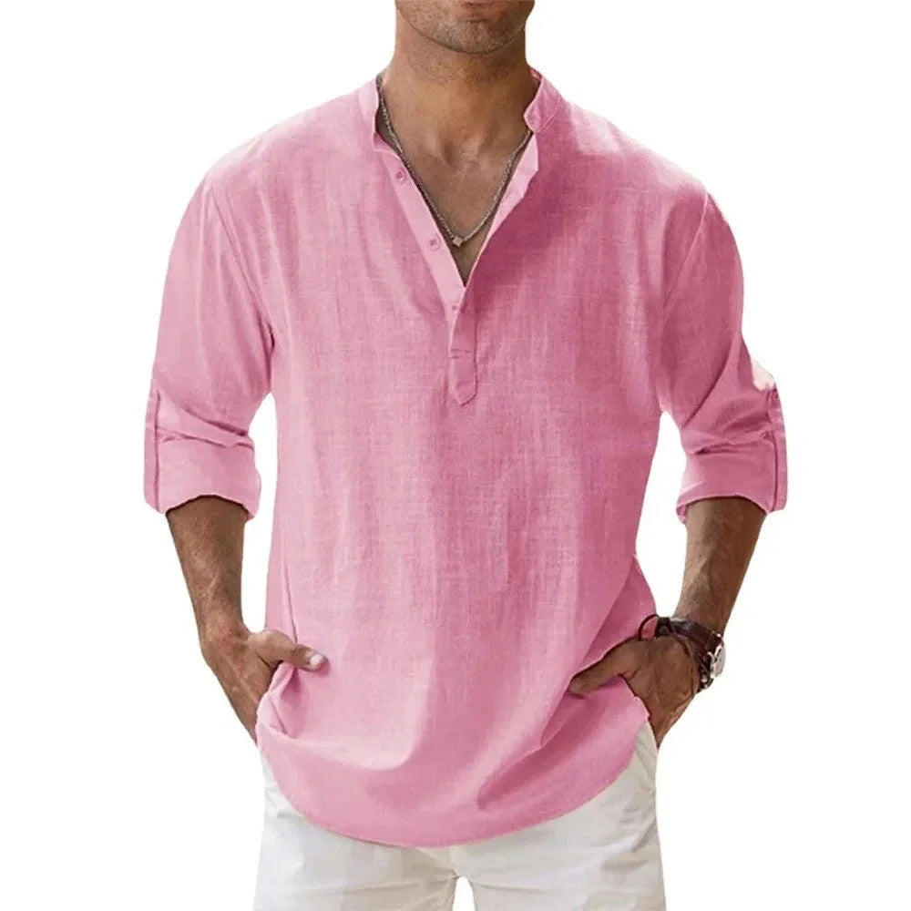 Cotton Linen Hot Sale Men's Short-Sleeved Shirts Summer Solid Color