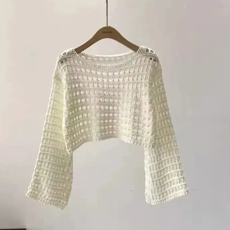 Summer 2026 Beach Bikini Cover Up Crop Pullover Long Sleeve Crochet