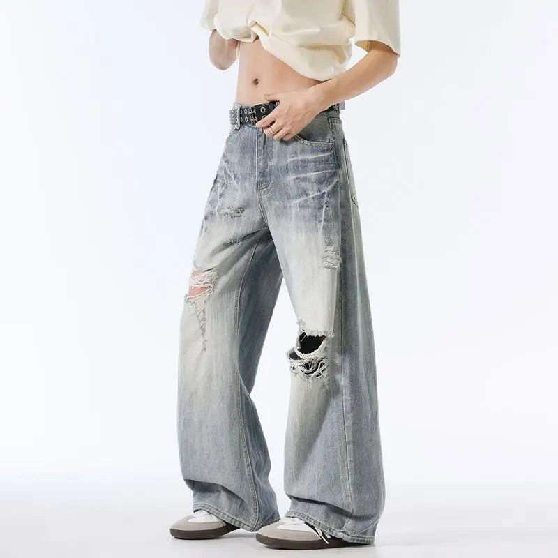 Male Ripped Pants Stretch Solid Blue Casual Men's Wide Leg Trousers