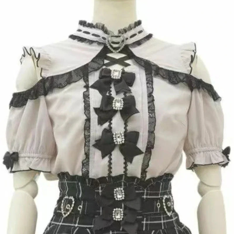 Japanese Kawaii Lolita Lace Patchwork Women Casual Blouses Harajuku