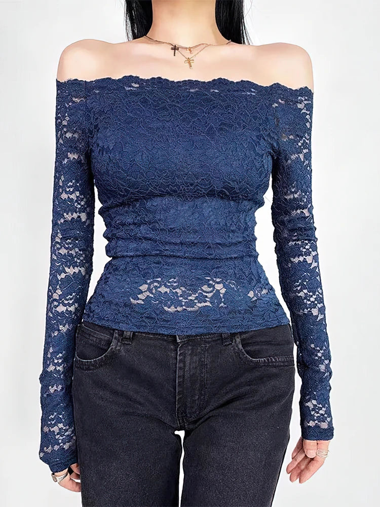 Sexy Lace Off shoulder Top Women Stretch Full Lace Hollow out Basic