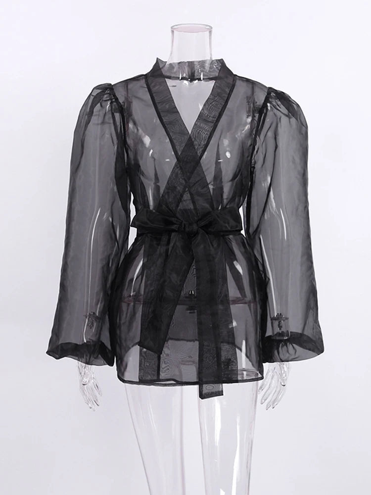 2023 Spring Summer Women Elegant Long Sleeve Solid Grey Mesh Shirt