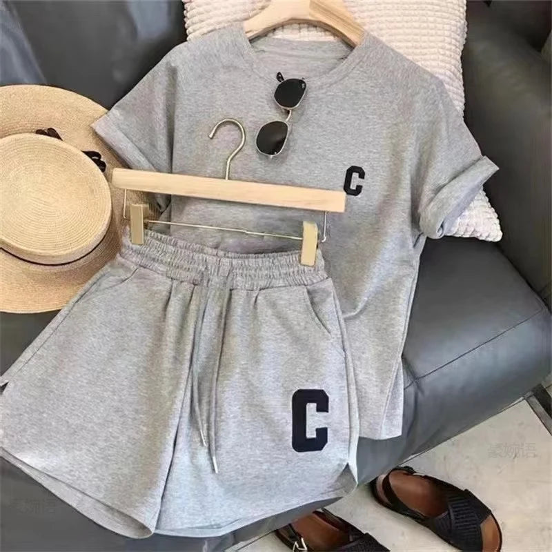  2 Piece Set Women Summer Loose Short Sleeve T-Shirt Casual Shorts
