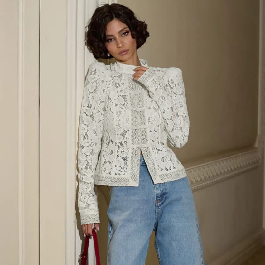 Linad Elegant Embroidery Puff Sleeve White Shirts Summer Sexy Hollow